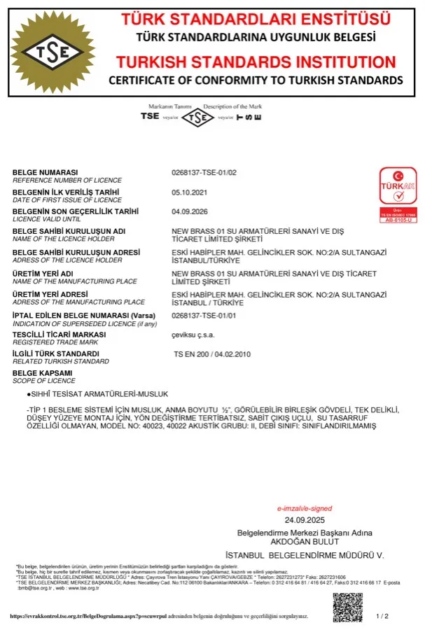 TSE 200 belgesi — Musluk